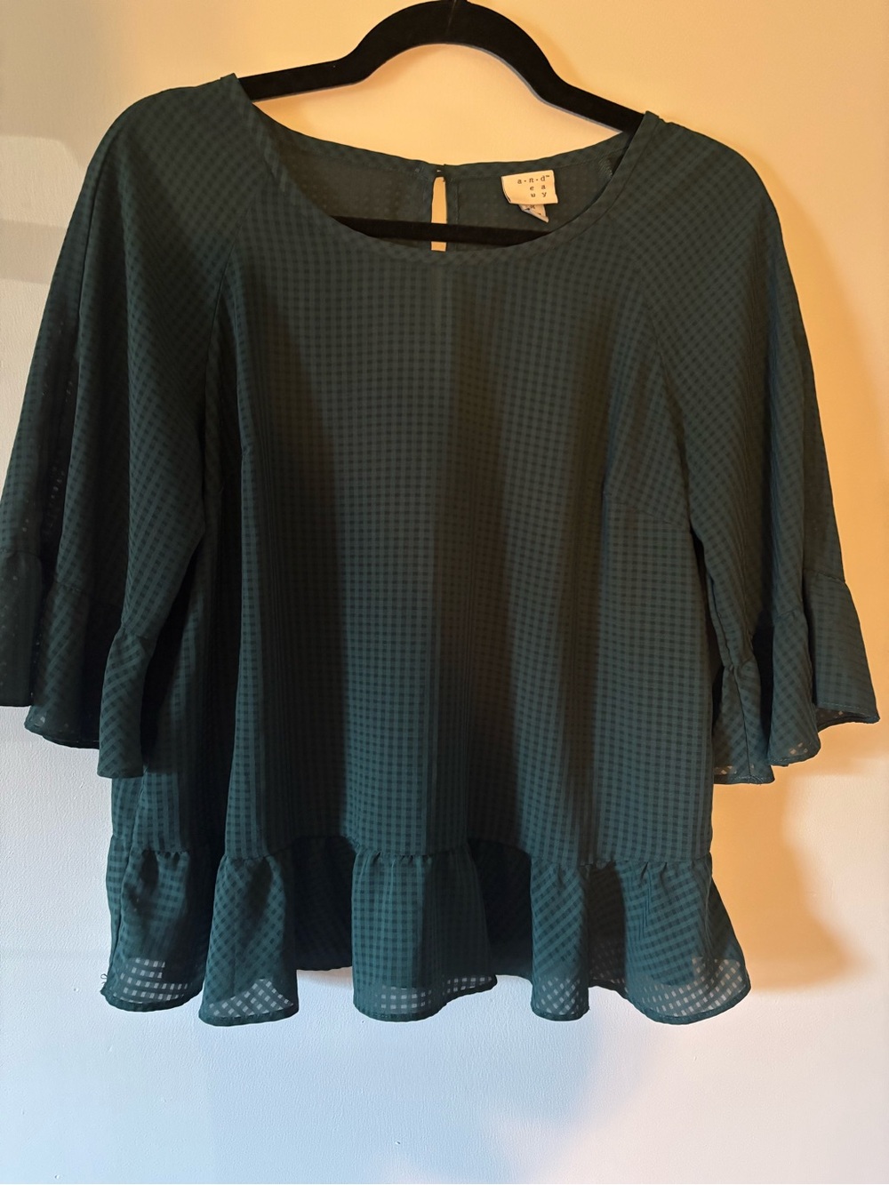 a new day Dark Green Textured Ruffle-Hem Blouse
